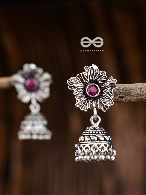 The Artsy Floral Jhumkis (Ruby Red) - Embellished Oxidised Collection