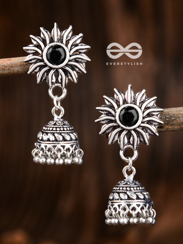 The Artistic Sun Jhumkis (Onyx Black) - Embellished Oxidised Collection