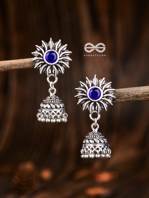 The Artsy Floral Jhumkis (Sapphire Blue) - Embellished Oxidised Collection