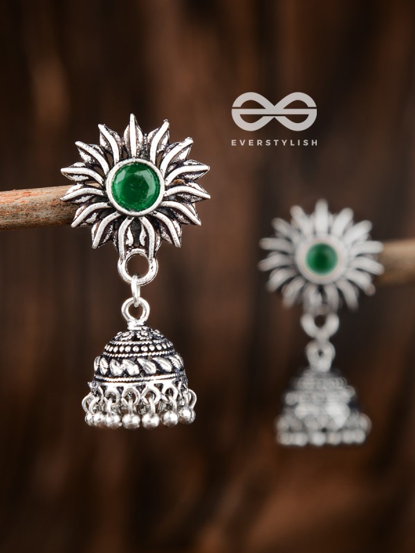 The Artsy Floral Jhumkis (Emerald Green) - Embellished Oxidised Collection