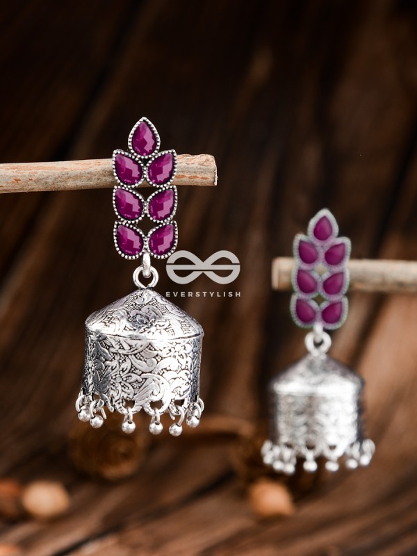 The Olive Branch Intricate Drum Jhumkis - Ruby Red- The Embellished Oxidised Collection