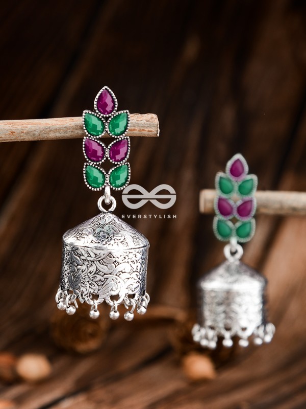 The Olive Branch Intricate Drum Jhumkis - Emerald and Ruby - The Embellished Oxidised Collection
