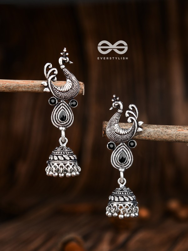 The Dangling Peacock Jhumkis - The Embellished Oxidised Collection