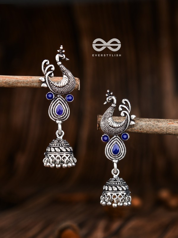 The Dangling Peacock Jhumkis (Sapphire Blue) - The Embellished Oxidised Collection