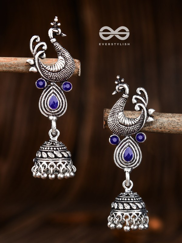 The Dangling Peacock Jhumkis (Sapphire Blue) - The Embellished Oxidised Collection