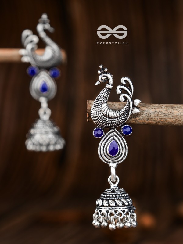 The Dangling Peacock Jhumkis (Sapphire Blue) - The Embellished Oxidised Collection