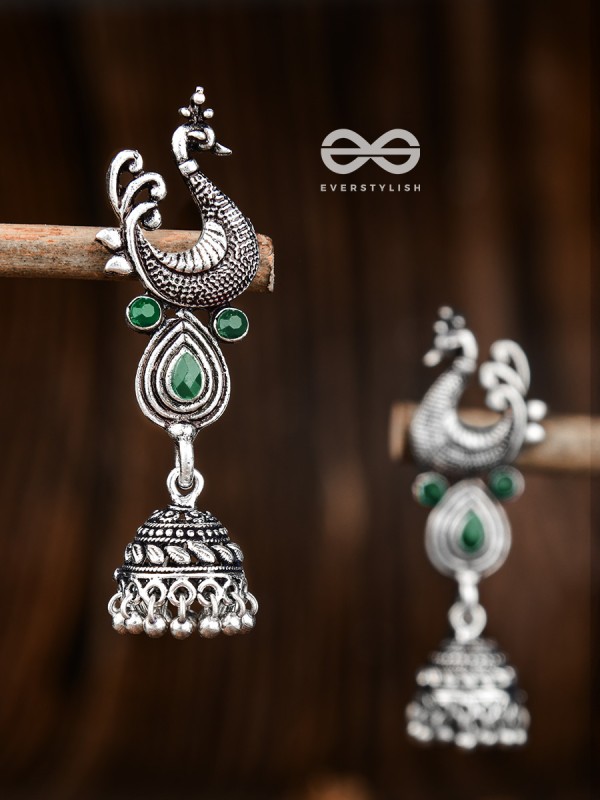 The Dangling Peacock Jhumkis (Emerald Green) - The Embellished Oxidised Collection
