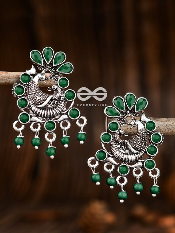 The Dangling Peacock Studs (Emerald Green) - Embellished Oxidised Collection