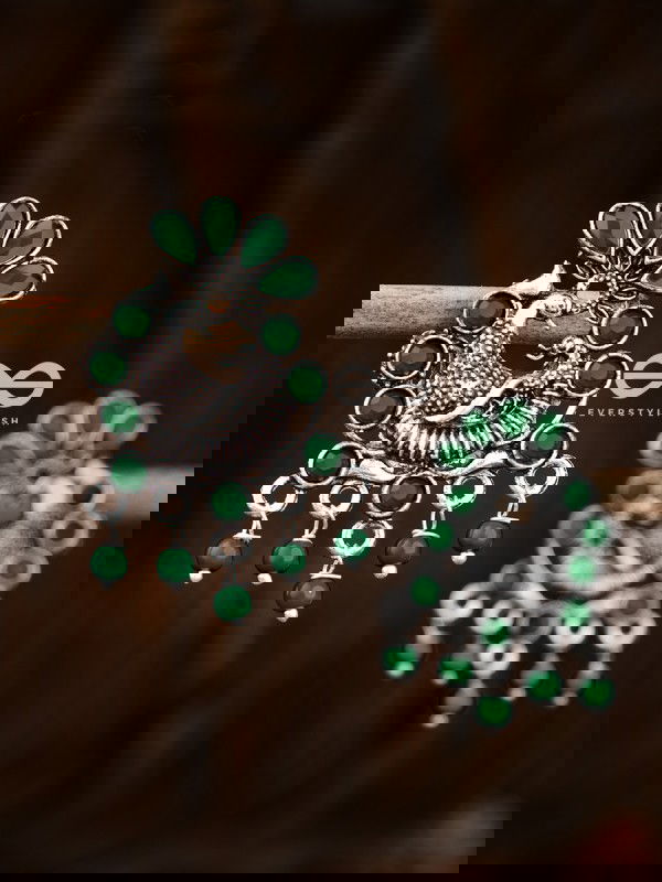 The Dangling Peacock Studs (Emerald Green) - Embellished Oxidised Collection
