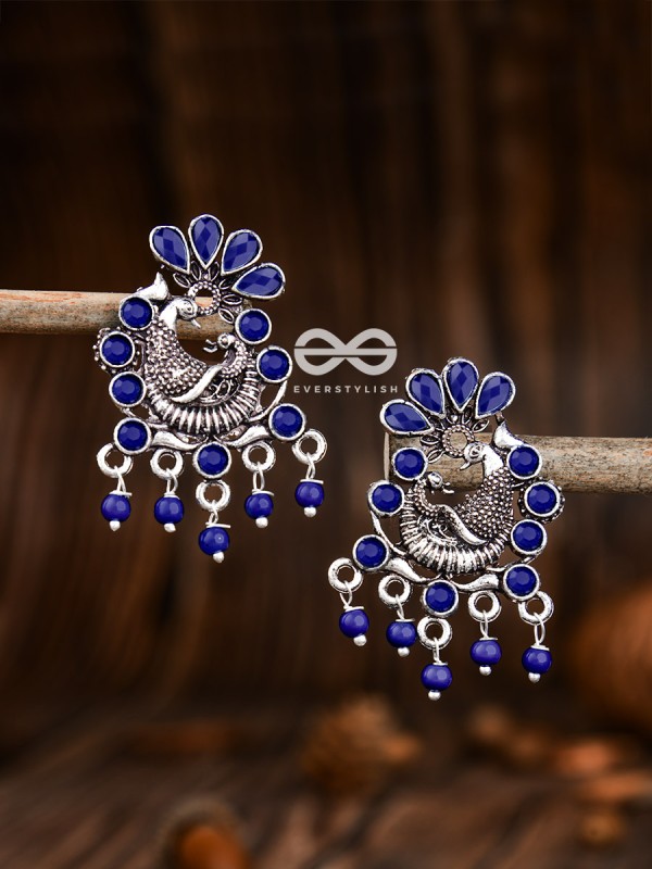 The Dangling Peacock Studs (Sapphire Blue) - Embellished Oxidised Collection