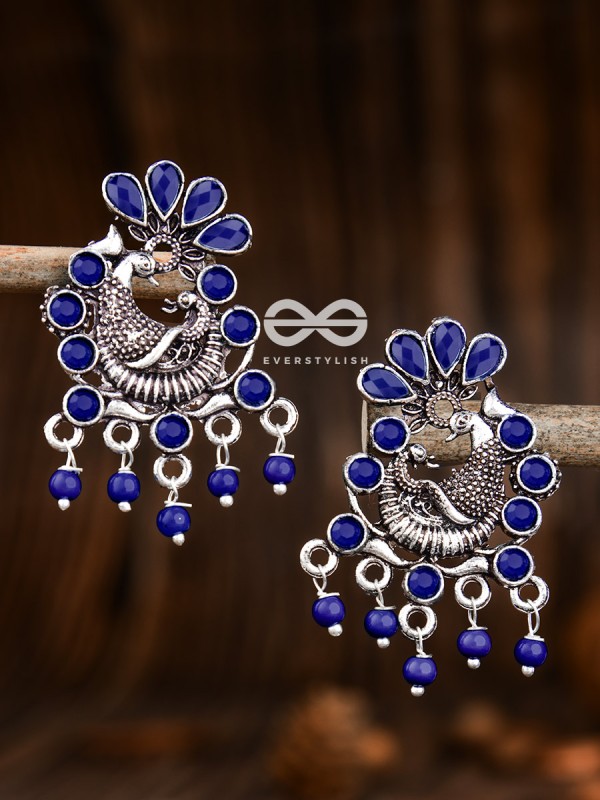 The Dangling Peacock Studs (Sapphire Blue) - Embellished Oxidised Collection