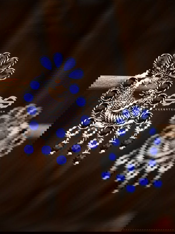 The Dangling Peacock Studs (Sapphire Blue) - Embellished Oxidised Collection