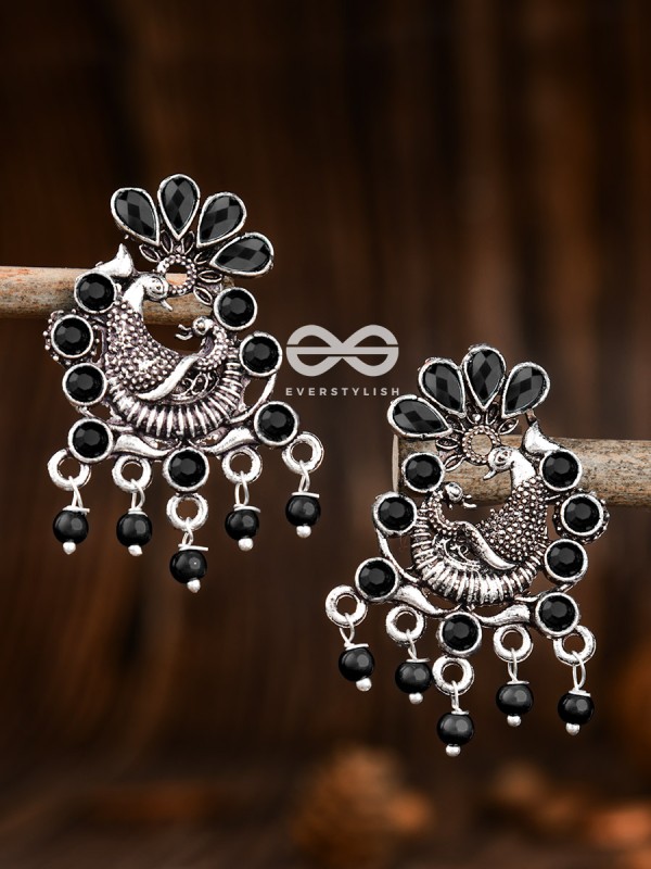 The Dangling Peacock Studs (Onyx Black) - Embellished Oxidised Collection