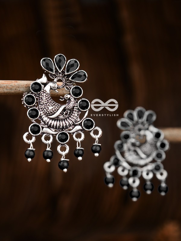The Dangling Peacock Studs (Onyx Black) - Embellished Oxidised Collection