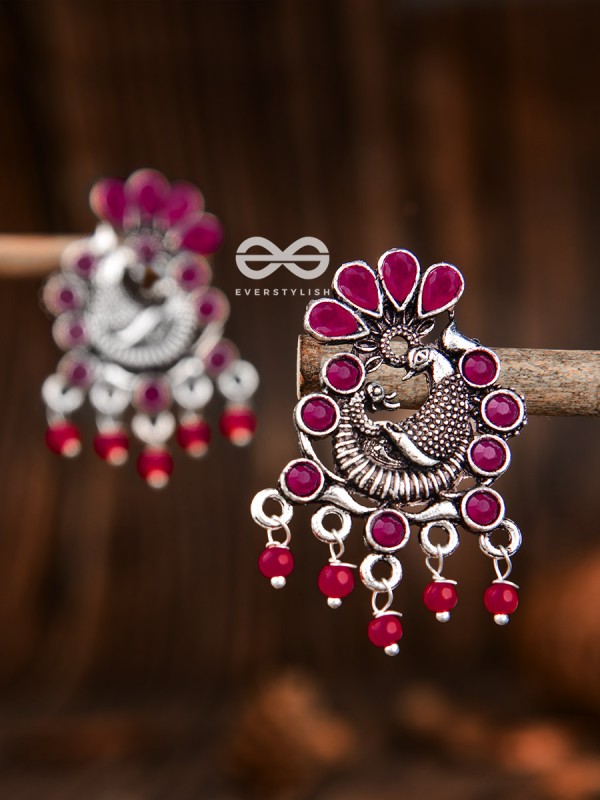 The Dangling Peacock Studs (Ruby Red) - Embellished Oxidised Collection