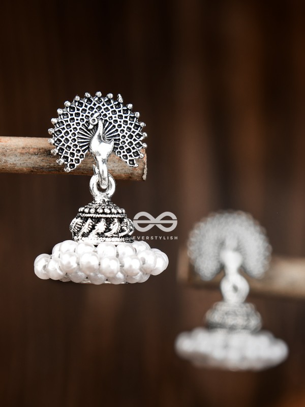 The Triple Threaded Pearl Peacock Jhumkis - Tiny Trinket Earrings