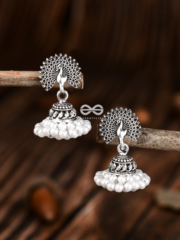 The Triple Threaded Pearl Peacock Jhumkis - Tiny Trinket Earrings