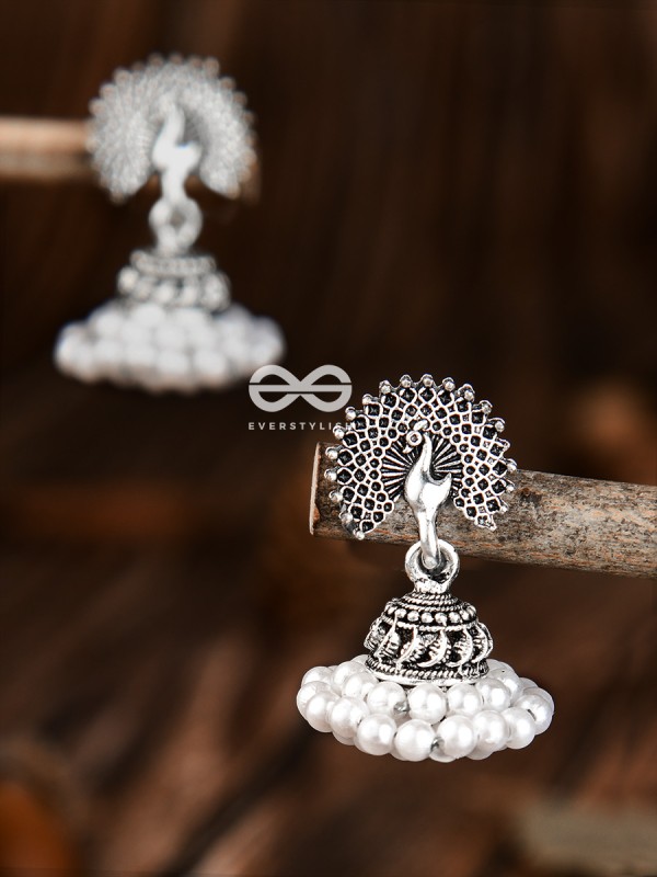 The Triple Threaded Pearl Peacock Jhumkis - Tiny Trinket Earrings