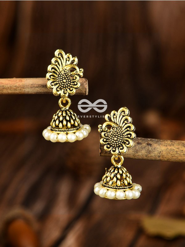 The Tiny Golden Peacock Pearl Jhumkis - Tiny Trinket Earrings