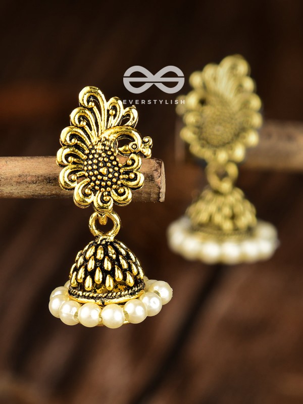 The Tiny Golden Peacock Pearl Jhumkis - Tiny Trinket Earrings