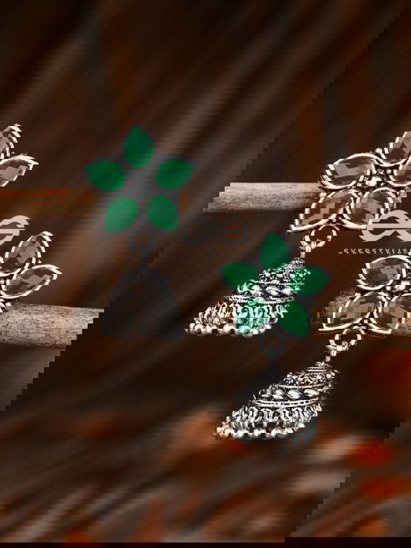 The Glimmering Floral Little Jhumkis (Emerald Green) - The Embellished Oxidised Collection