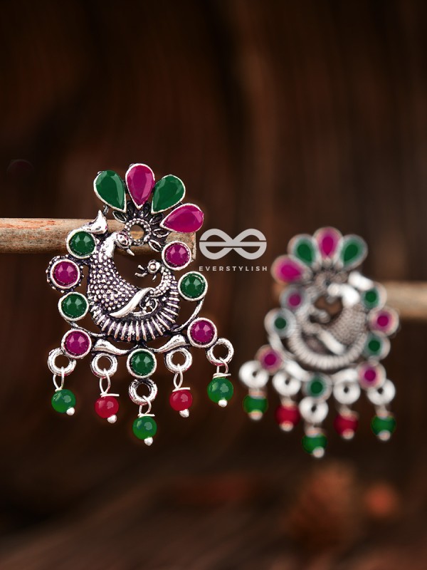The Dangling Peacock Studs (Ruby Emerald) - Embellished Oxidised Collection