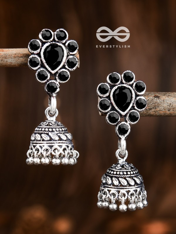 The Shimmery Droplet Jhumkis - The Embellished Oxidised Collection