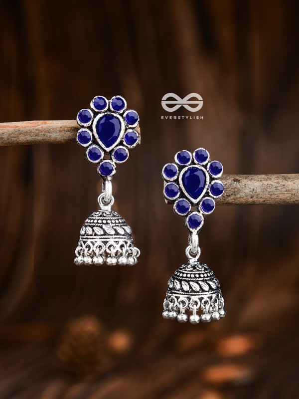 The Shimmery Droplet Jhumkis (Sapphire Blue) - The Embellished Oxidised Collection