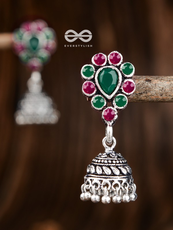The Shimmery Droplet Jhumkis (Ruby Emerald) - The Embellished Oxidised Collection