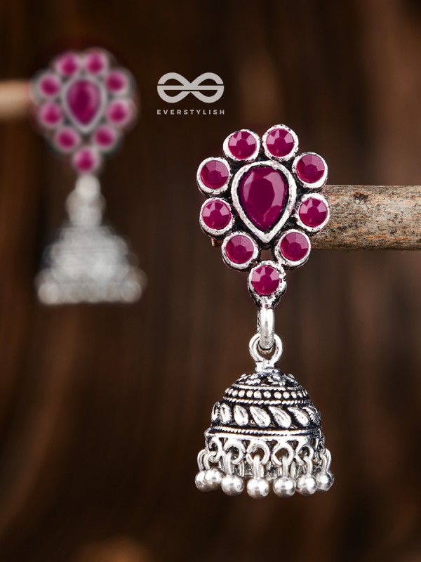 The Shimmery Droplet Jhumkis (Ruby Red) - The Embellished Oxidised Collection