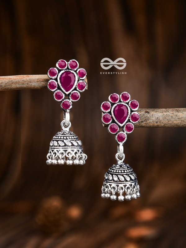 The Shimmery Droplet Jhumkis (Ruby Red) - The Embellished Oxidised Collection