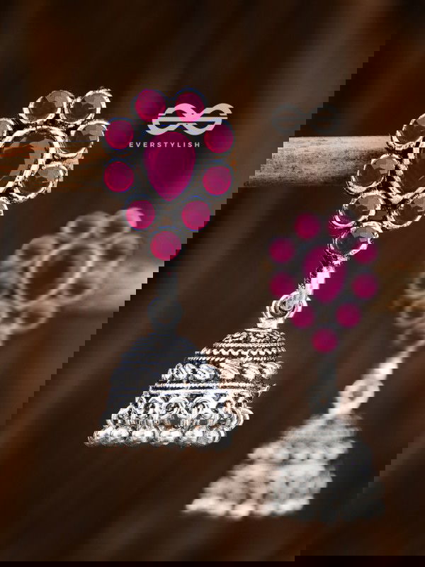 The Shimmery Droplet Jhumkis (Ruby Red) - The Embellished Oxidised Collection