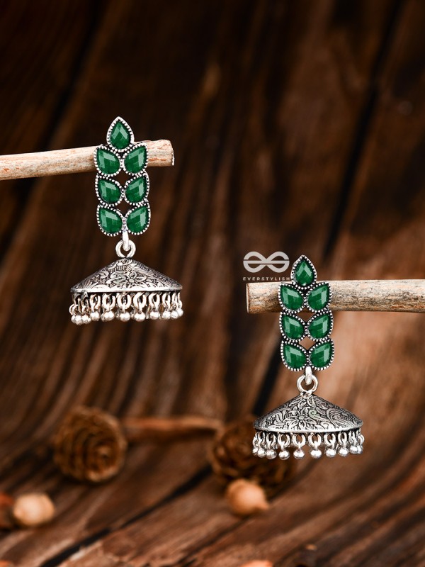 The Olive Branch Intricate Jhumkis - Emerald Green - The Embellished Oxidised Collection