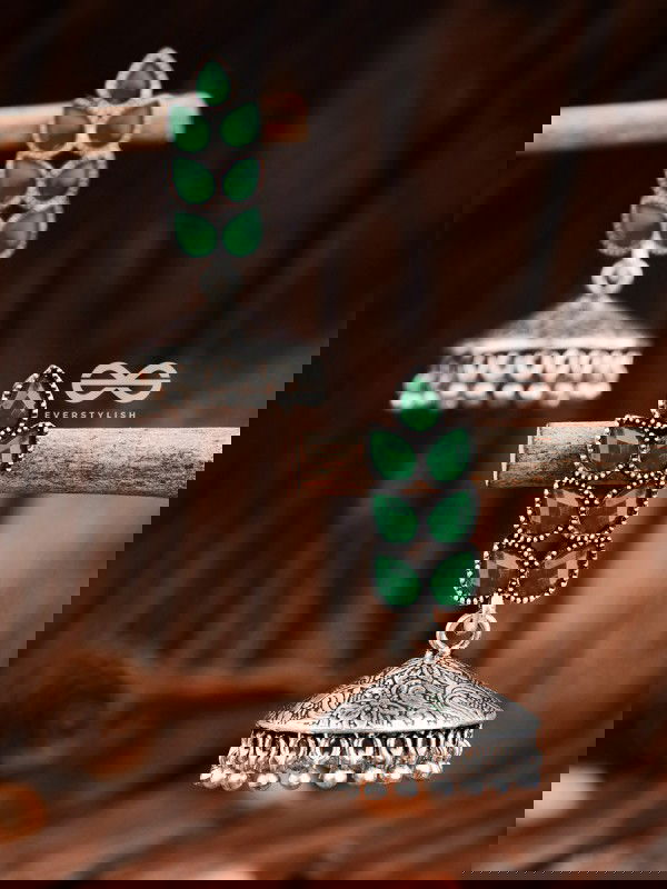 The Olive Branch Intricate Jhumkis - Emerald Green - The Embellished Oxidised Collection