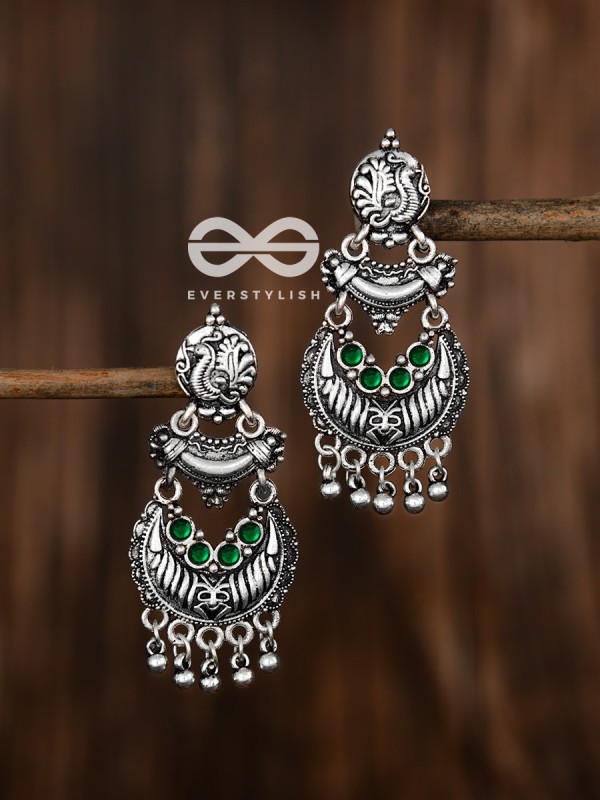 The Artistic Triple Layered Danglers (Emerald Green) - The Embellished Oxidised Collection