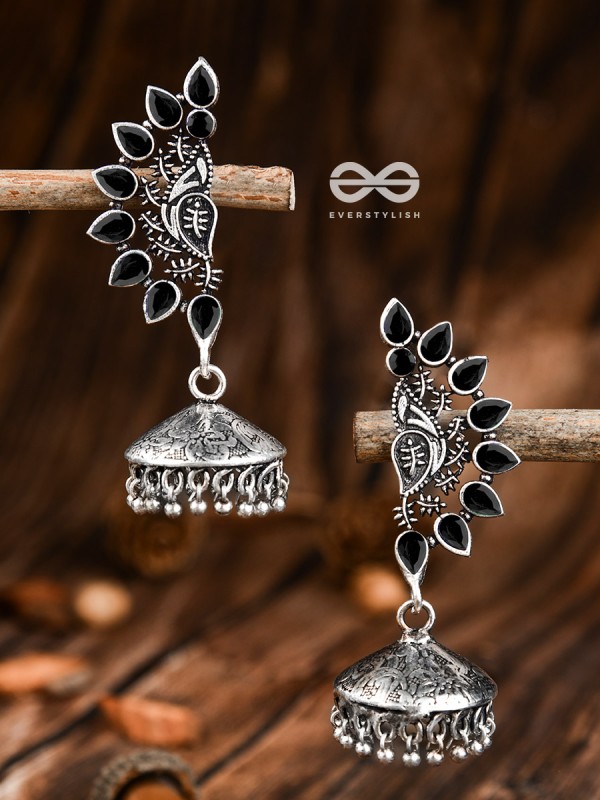 The Bohemian Elegance Floral Jhumkis (Onyx Black) - The Embellished Oxidised Collection