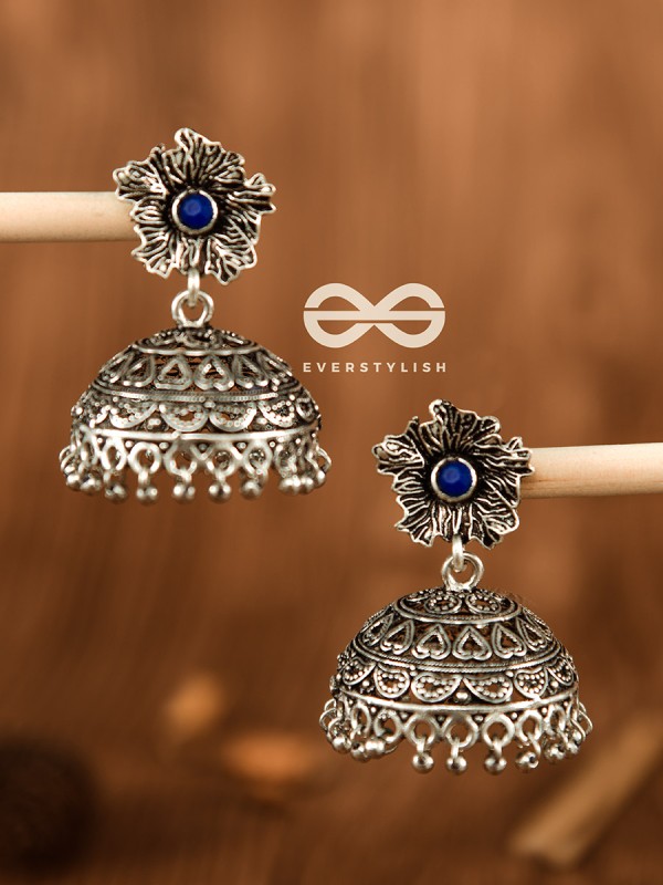 The Large Floral Intricate Jhumkas (Sapphire Blue) - Embellished Oxidised Collection