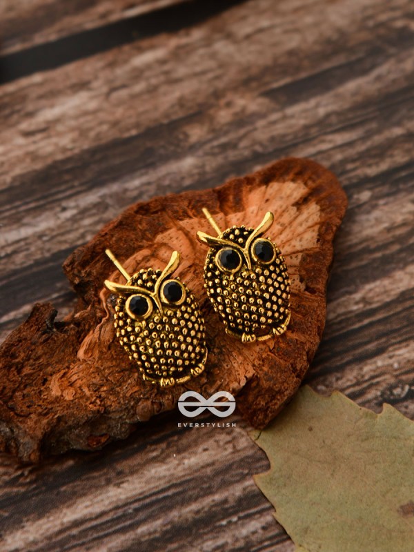 The Oxidised Owl Tiny Trinket Earrings - Golden