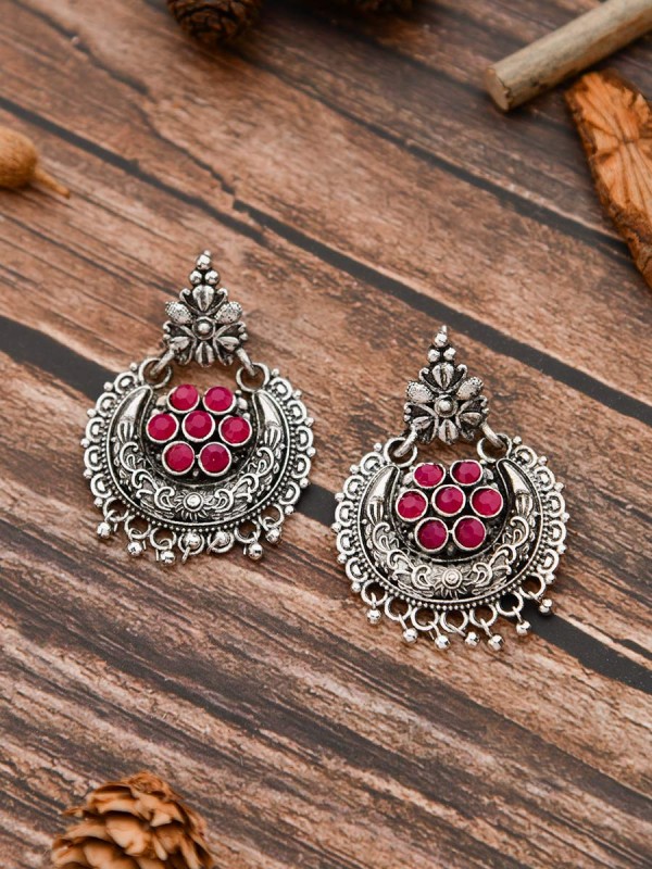 The Peppy Touch - Oxidised Boho Earrings (Dark Pink)