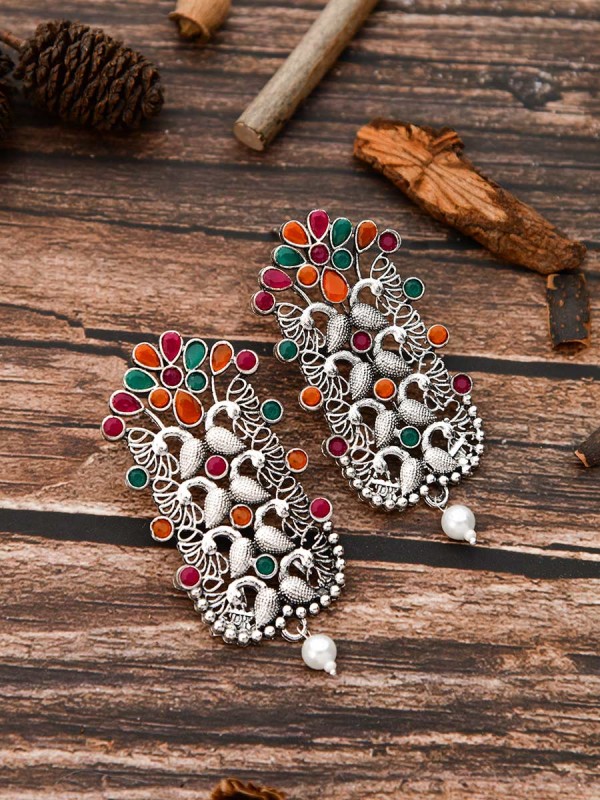 The Pretty Peacock Artwork - Oxidised Boho Earrings - Multicolour