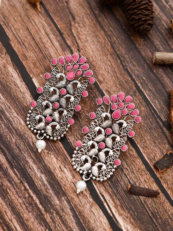 The Pretty Peacock Artwork - Oxidised Boho Earrings - Pink