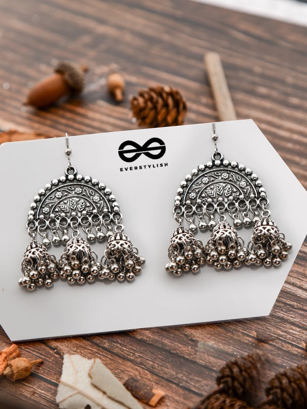 The Motif Moon Jhumkis - Oxidised Boho Earrings