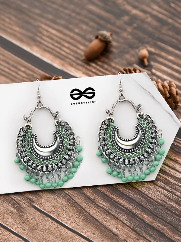 The Motif Moon - Oxidised Chandbali Earrings (Sea Green)