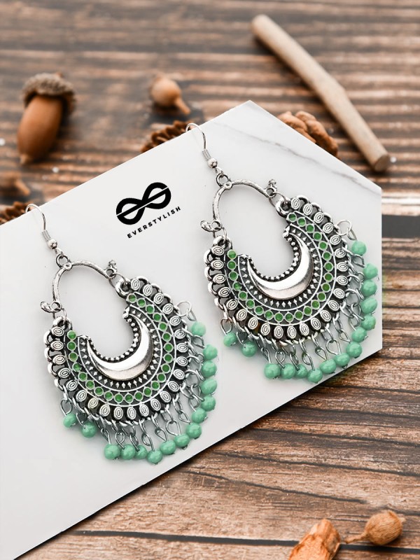 The Motif Moon - Oxidised Chandbali Earrings (Sea Green)