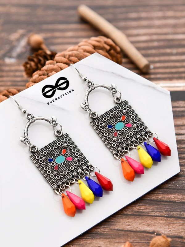The Embellished Trunk - Oxidised Boho Earrings - Multicoloured Droplets