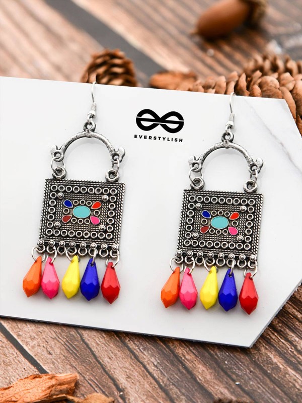 The Embellished Trunk - Oxidised Boho Earrings - Multicoloured Droplets