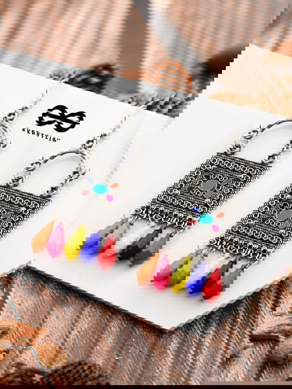 The Embellished Trunk - Oxidised Boho Earrings - Multicoloured Droplets