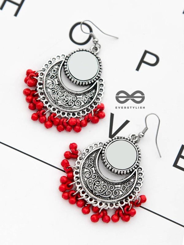 The Mirror Motifs - Oxidised Boho Earrings - Red