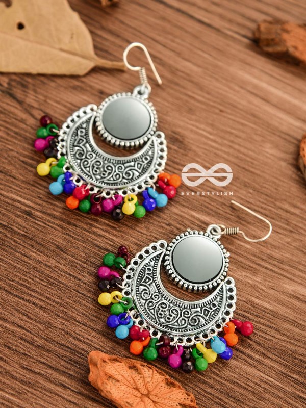 The Mirror Motifs- Oxidised Boho Earrings - Silver Multicolour