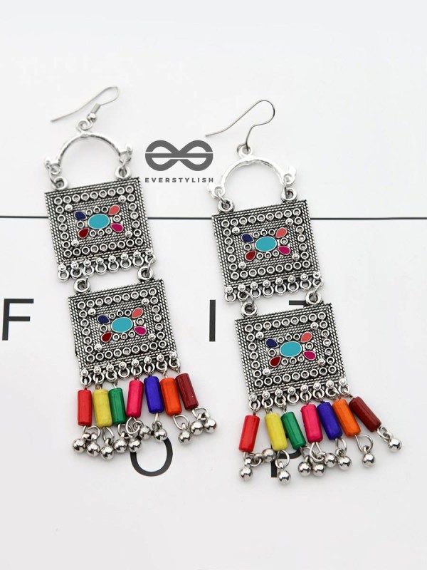 The Double Embellished Trunks - Oxidised Boho Earrings - Multicolour